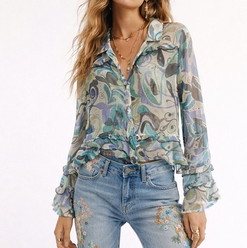 Russ Berens Silk Sheer Swirl Print Button-Up Ruffle Blouse Fairycore Whimsy Boho